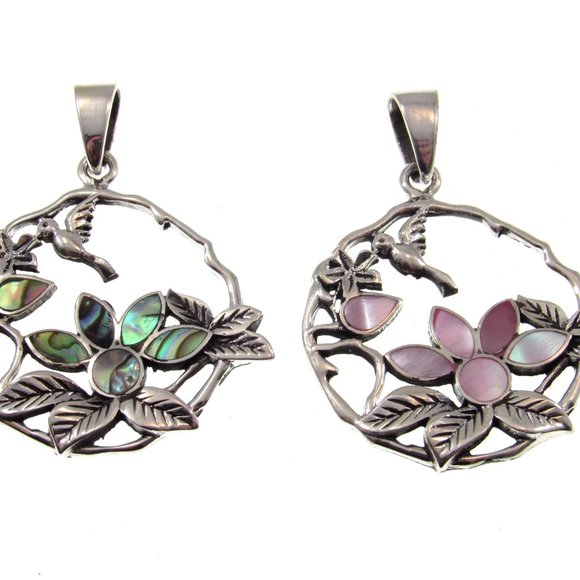 Solid 925 Sterling Silver Hummingbird & Flowers Pendant with Inlaid Paua Shell - Picture 3 of 7